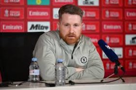 Calum McFarlane reacts after Chelsea win vs Leeds